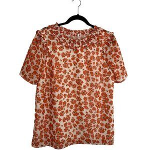 Womens Sheer Orange Cream Floral Smocked Neckline Short Sleeve Top Size XL